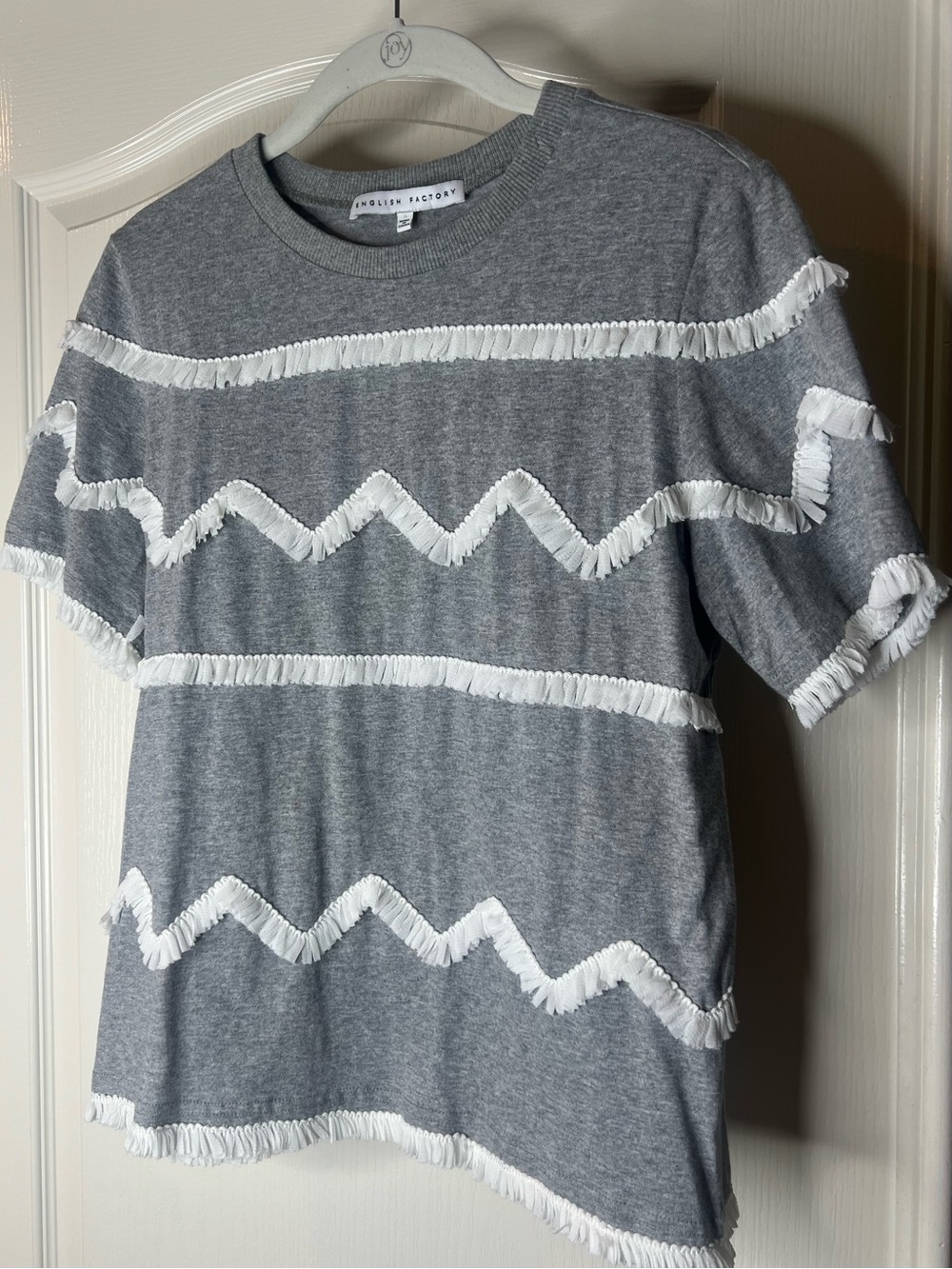 English Factory Gray Short Sleeve Fringe Zigzag Knit Top